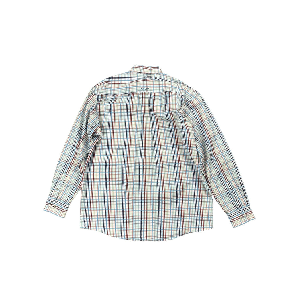 Ariat Pro Series Plaid Long Sleeve Button Down Shirt in White Light Blue Red Blue Charcoal Yellow and Coral — Size XL // Preowned