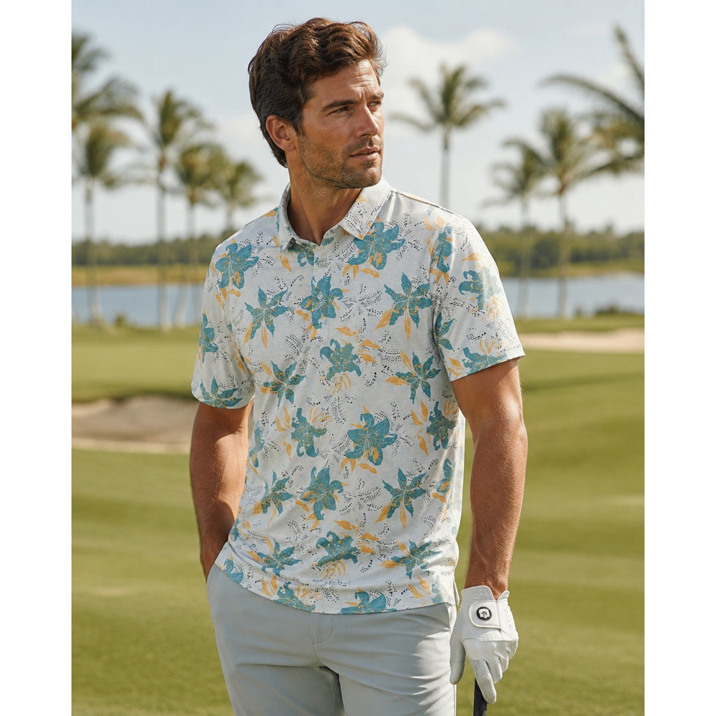 TravisMathew Paradise Peak Golf Polo in White, Gray, Yellow, Black — Size Medium // Preowned