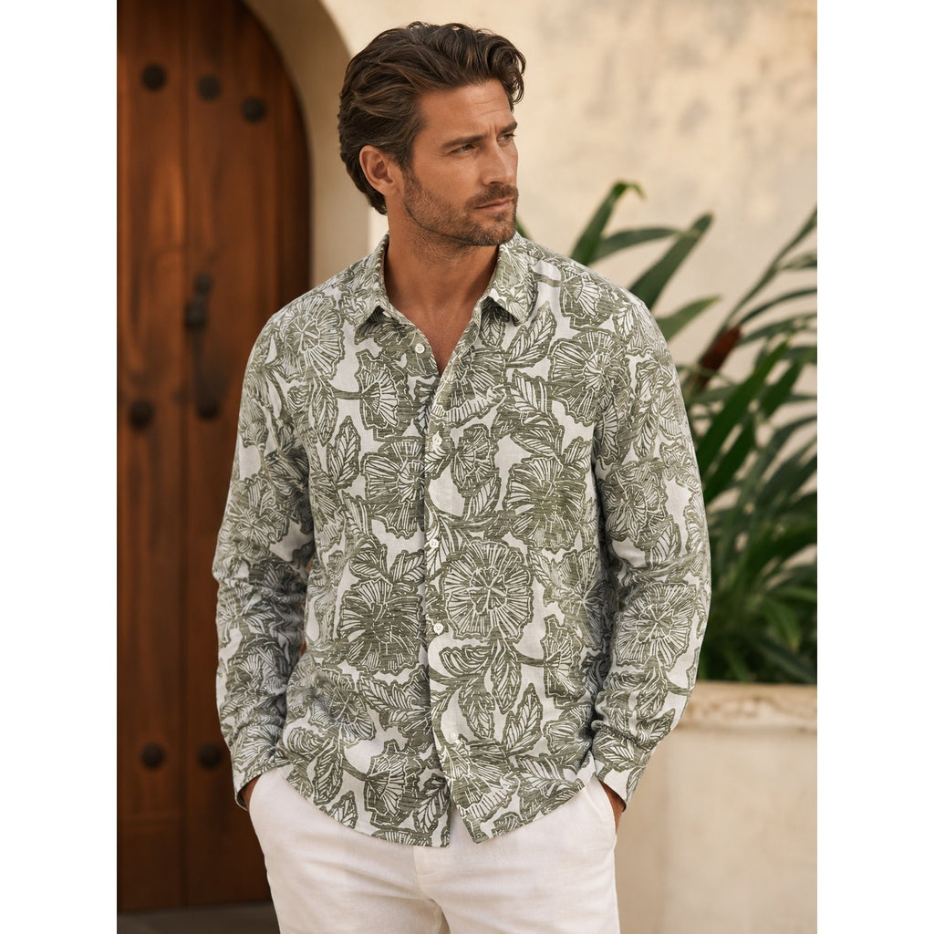 Bugatchi Julian Floral Linen Cotton Shaped Fit Long Sleeve Button Down in Olive White — Size Medium