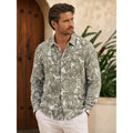 Bugatchi Julian Floral Linen Cotton Shaped Fit Long Sleeve Button Down in Olive White — Size Medium