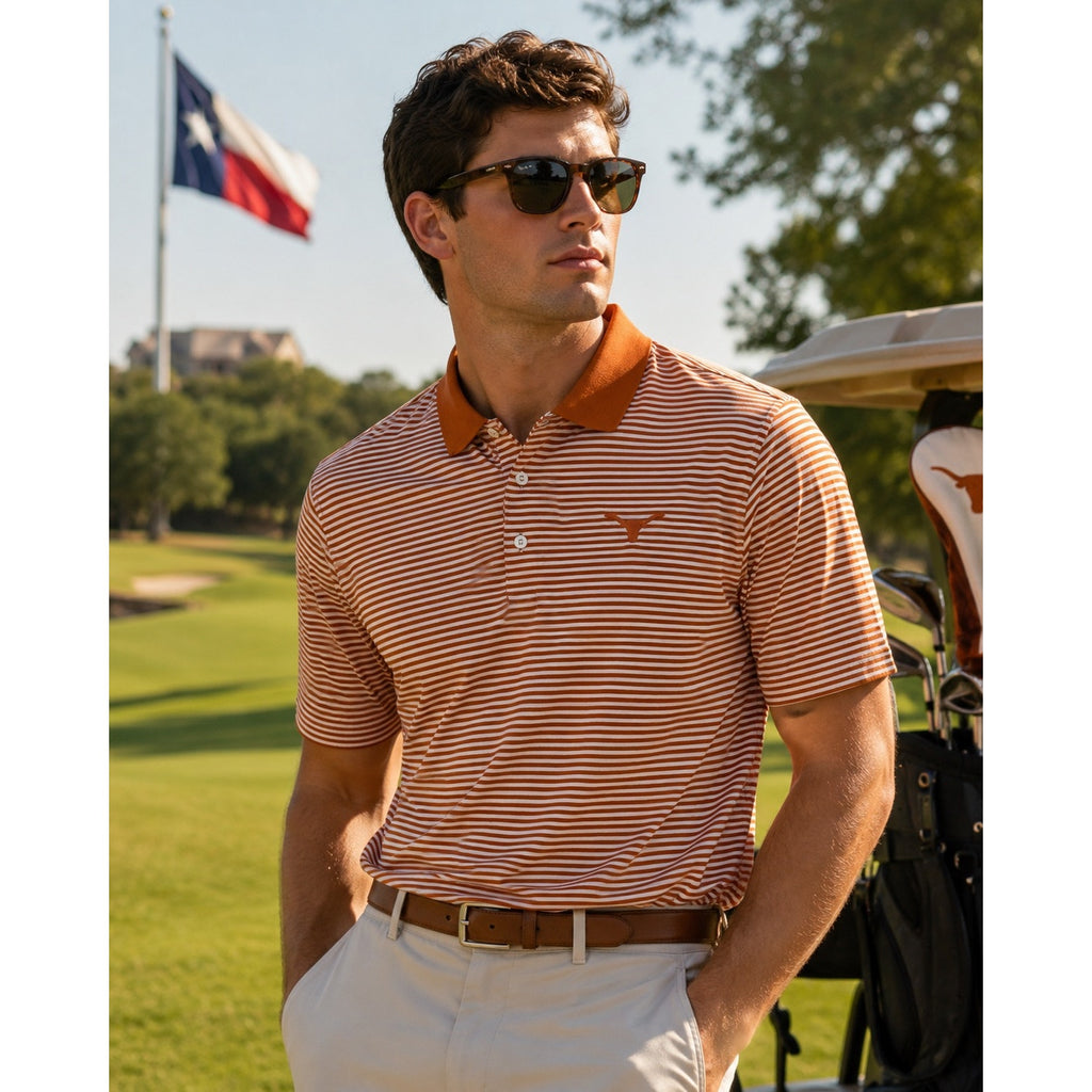 Peter Millar Texas Longhorns Striped Cotton Golf Polo in Burnt Orange, White — Size XL // Preowned