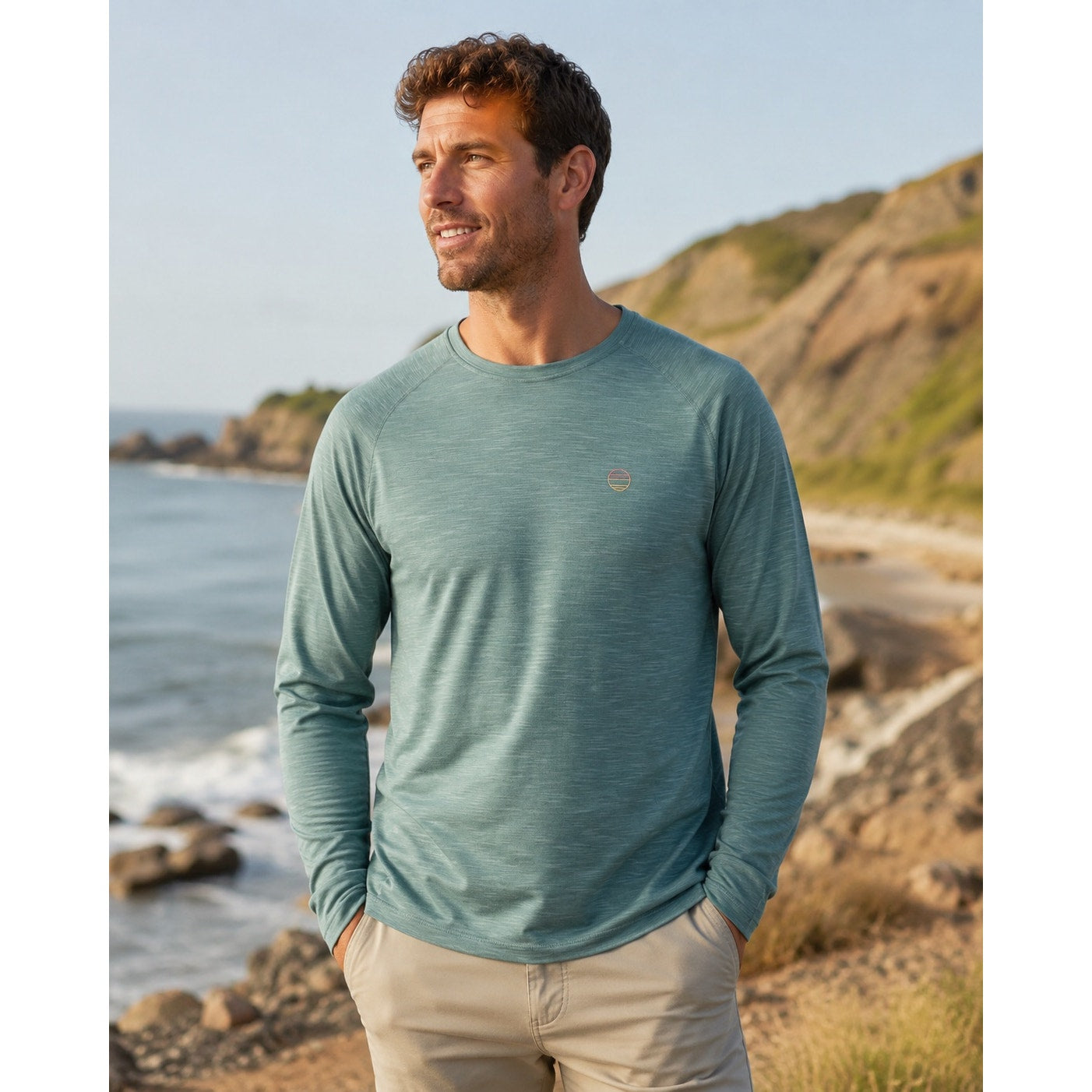 Marine Layer Midweight Crew Long Sleeve The Air Tee in North Atlantic Green — Size Larger (L/XL)