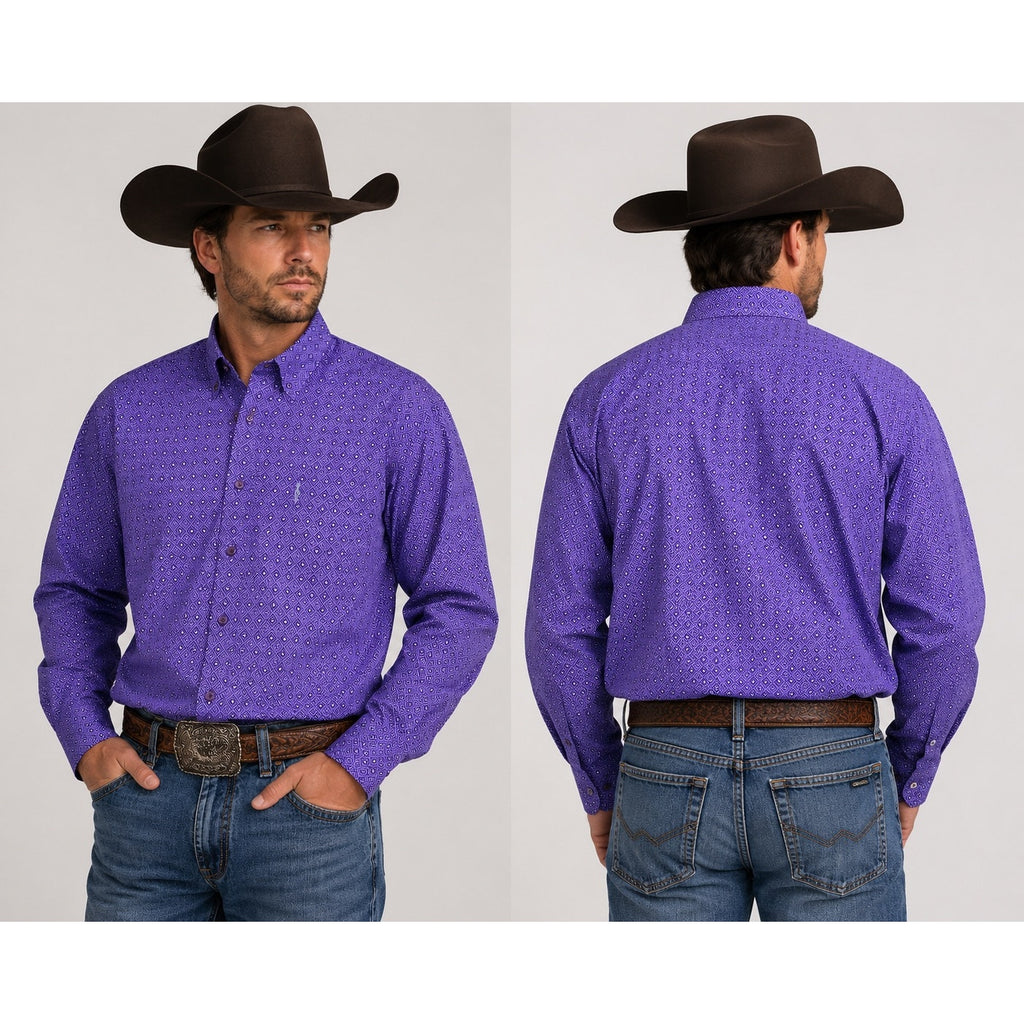 Cinch Modern Fit Geo Print Western Long Sleeve Button Down in Purple and White — Size 2XL // Preowned