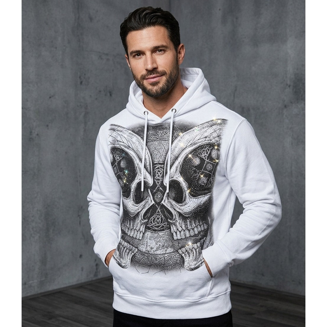 Heads or Tails Rhinestone Dueling Skulls Pullover Hoodie - XL