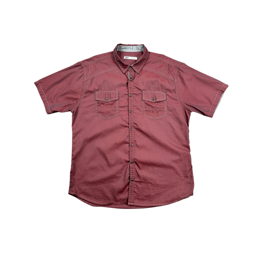BKE Short Sleeve Athletic Fit Pearl Snap Button Down in Red Gray — Size 2XL // Preowned