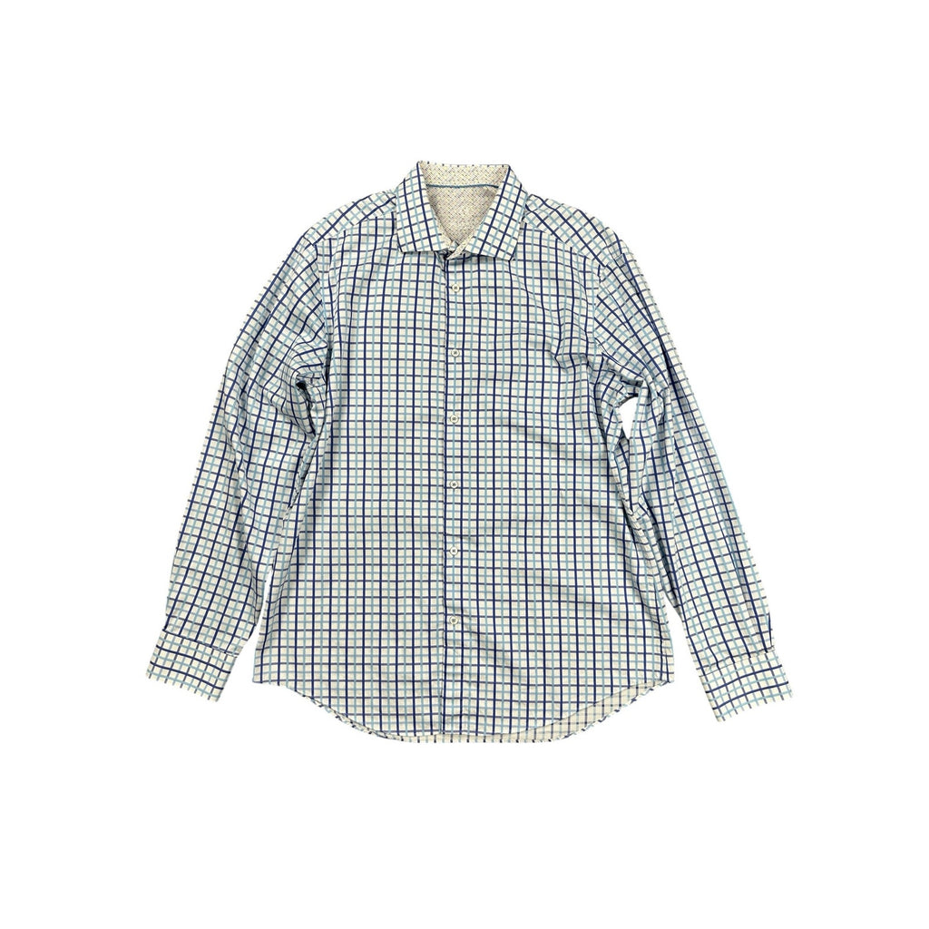 Bugatchi Uomo Long Sleeve Check Dress Shirt in Blue White Plaid — Size 17.5 36/37