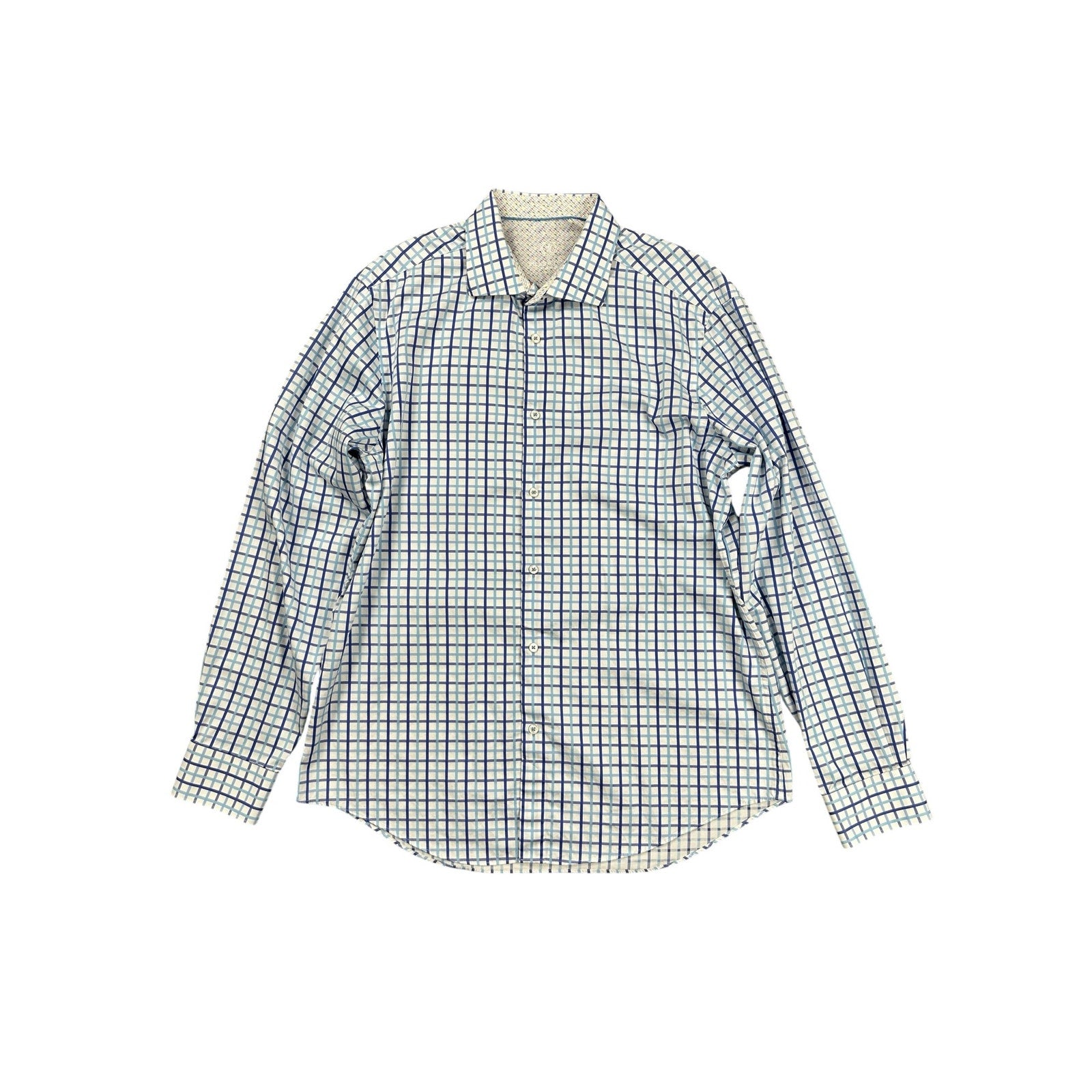 Bugatchi Uomo Long Sleeve Check Dress Shirt in Blue White Plaid — Size 17.5 36/37