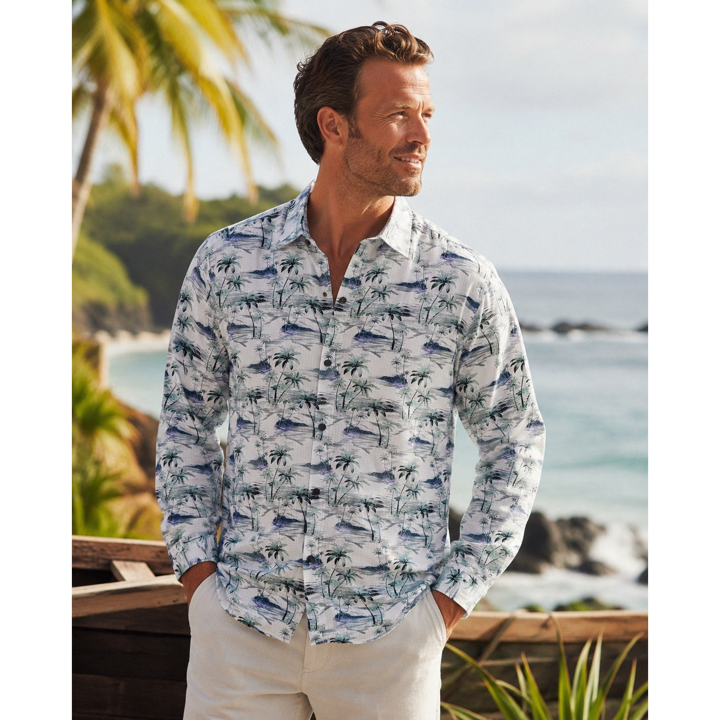 Tommy Bahama Bahama Coast Oceanic Oasis Long Sleeve Shirt in Lapland Green — Size Large
