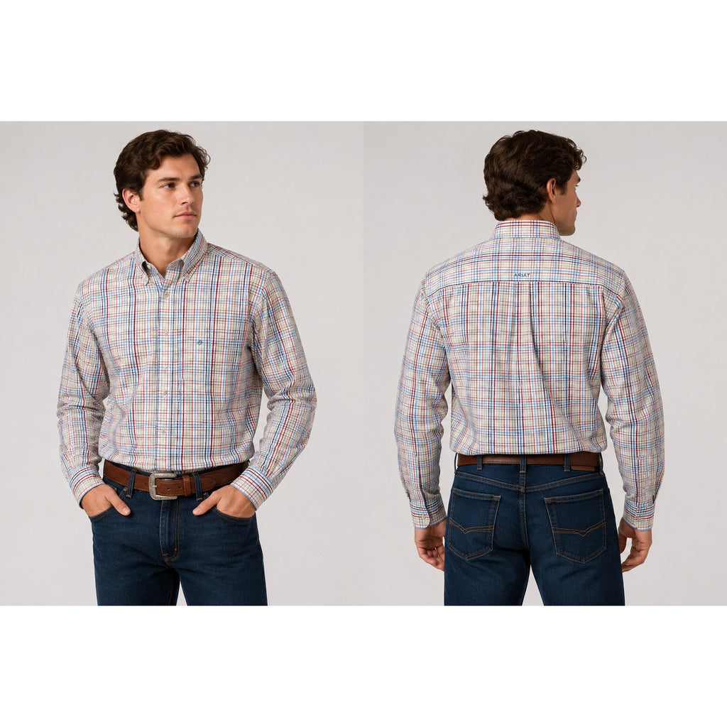 Ariat Pro Series Plaid Long Sleeve Button Down Shirt in White Light Blue Red Blue Charcoal Yellow and Coral — Size XL // Preowned