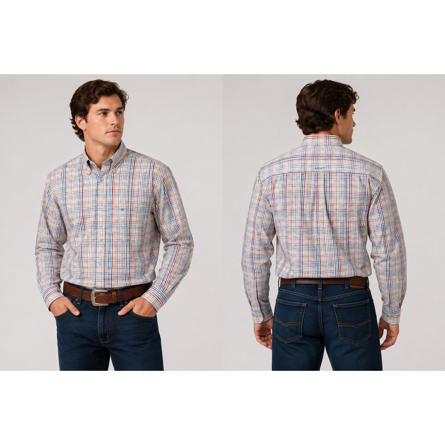 Ariat Pro Series Plaid Long Sleeve Button Down Shirt in White Light Blue Red Blue Charcoal Yellow and Coral — Size XL // Preowned