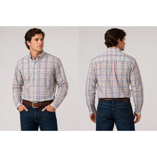 Ariat Pro Series Plaid Long Sleeve Button Down Shirt in White Light Blue Red Blue Charcoal Yellow and Coral — Size XL // Preowned
