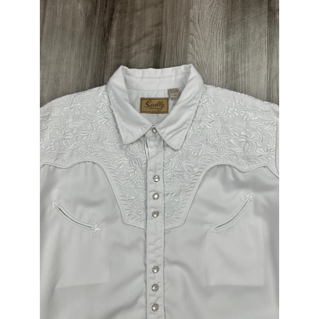 Scully Legends Gunfighter Floral Embroidered Pearl Snap Shirt in White — Size 2XL // Preowned