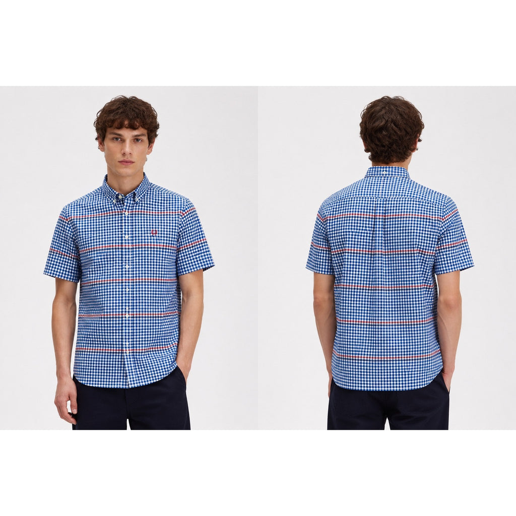 Fred Perry Gingham Short Sleeve Button Down in Blue Red White — Size XL // Preowned