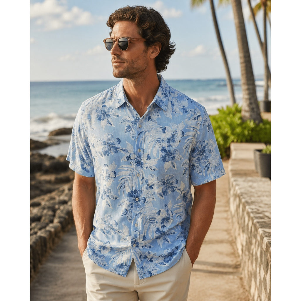 Tommy Bahama Hibiscus Floral Hawaiian Cotton Short Sleeve Camp Shirt in Light Sky Blue — Size Large
