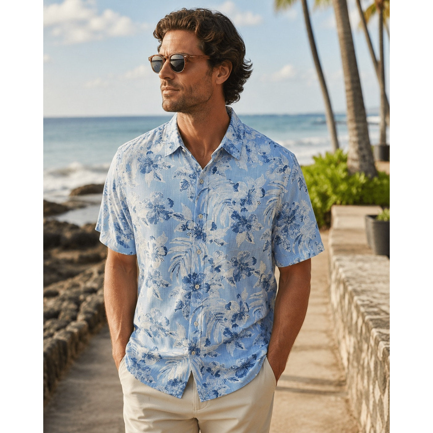 Tommy Bahama Hibiscus Floral Hawaiian Cotton Short Sleeve Camp Shirt in Light Sky Blue — Size Large