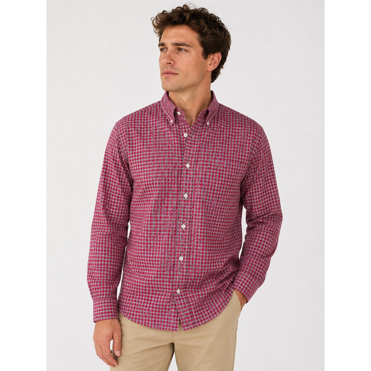 Southern Tide Classic Fit Gingham Check Button Down Shirt in Dark Pink Gray — Size XL