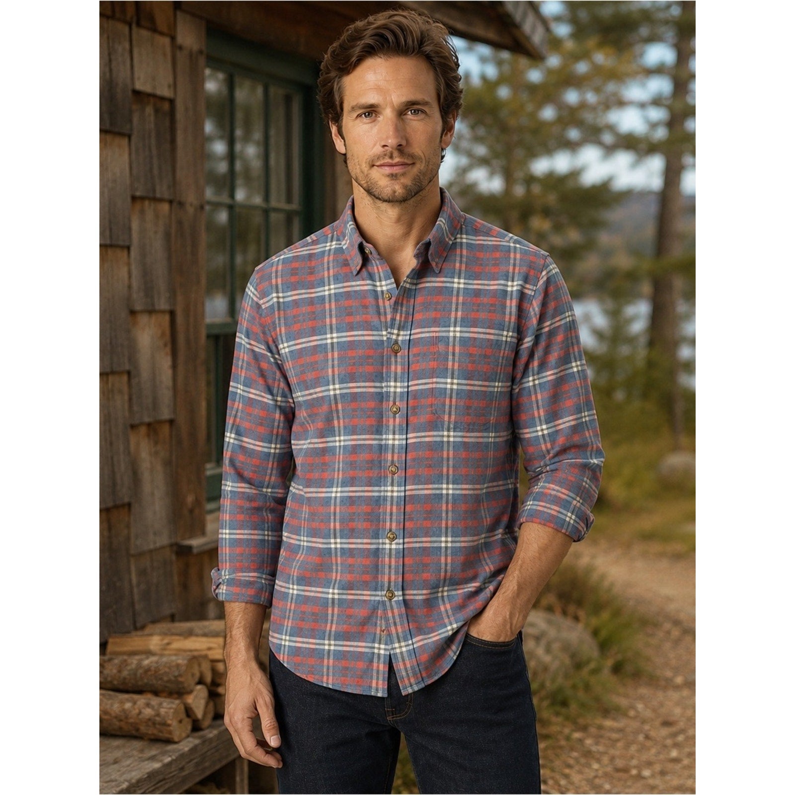 Faherty All-Time Lightweight Brushed Flannel Plaid Long Sleeve Button - Large