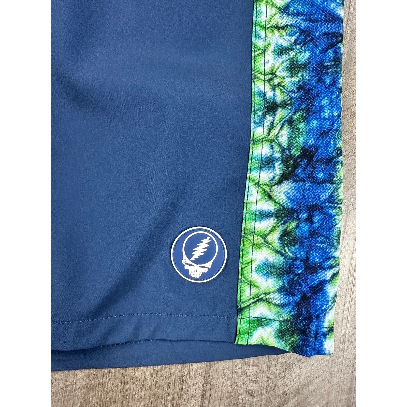 Section 119 x Grateful Dead Bolt Skeleton Hybrid Board Shorts in Navy with Green White Blue Stripes — Size 34