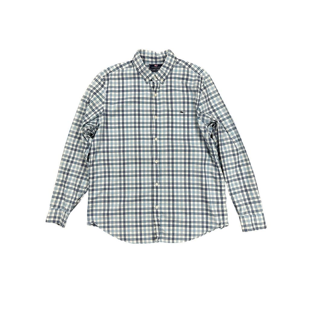 Vineyard Vines Slim Fit Tucker Shirt in Light Blue Navy White Plaid — Size Large