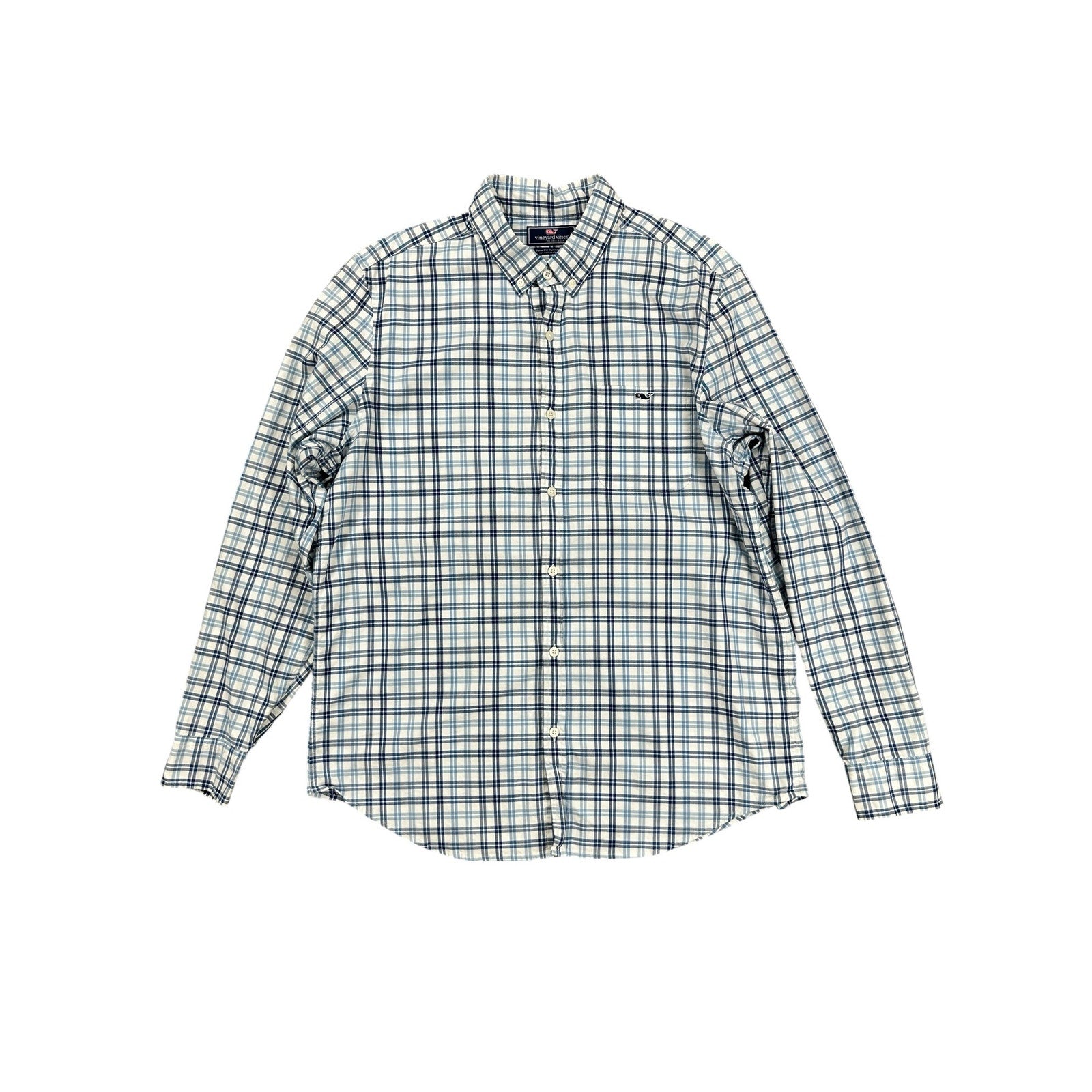 Vineyard Vines Slim Fit Tucker Shirt in Light Blue Navy White Plaid — Size Large