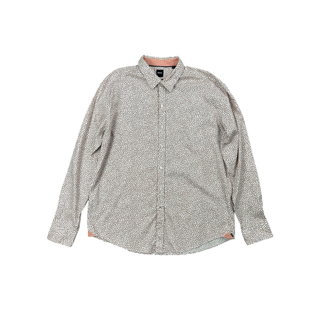 BOSS Hugo Boss Robbie Shaped Fit Leaf Long Sleeve Button Down in White Orange Black Leaves — Size 2XL // Preowned
