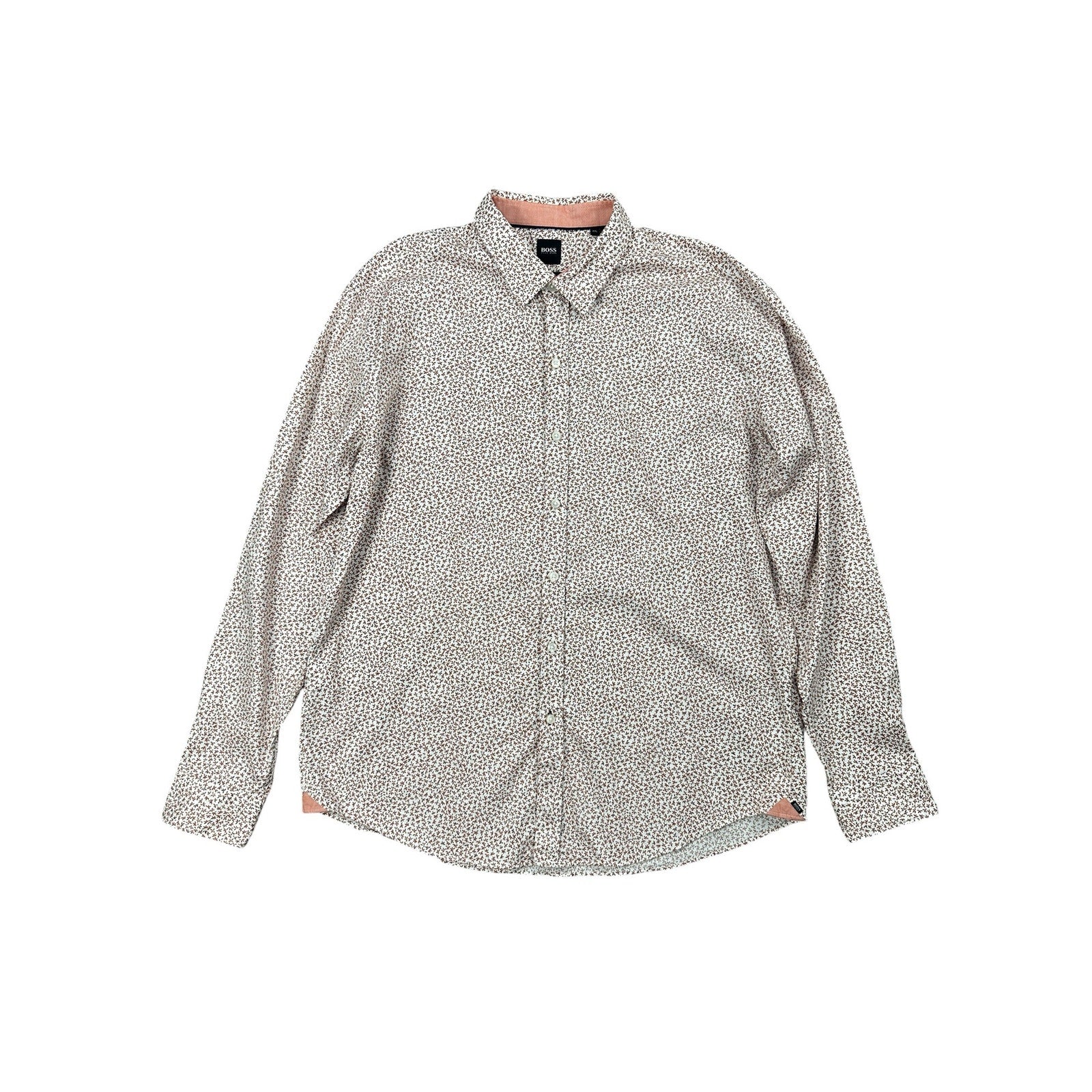 BOSS Hugo Boss Robbie Shaped Fit Leaf Long Sleeve Button Down in White Orange Black Leaves — Size 2XL // Preowned