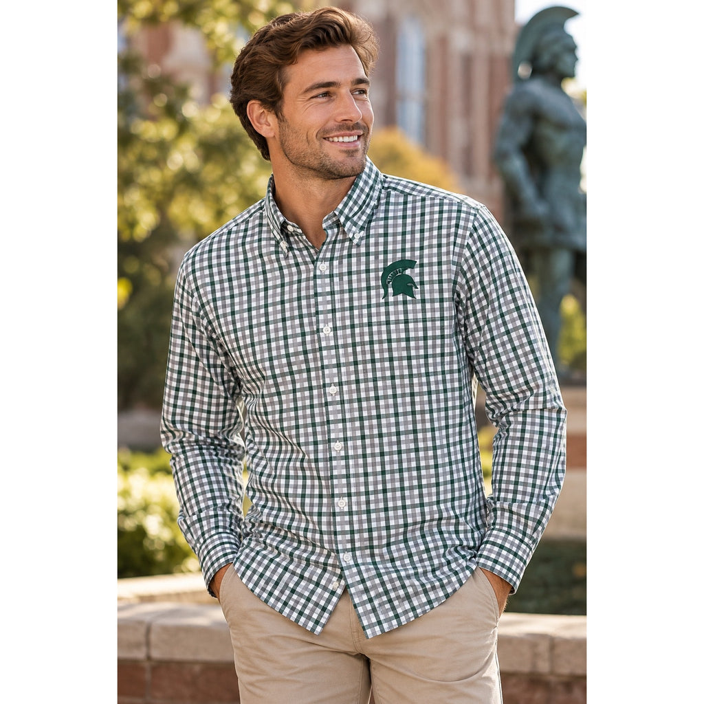 Cutter & Buck Michigan State Spartans Gingham Check Long Sleeve Button Down Shirt — Size Small // Preowned
