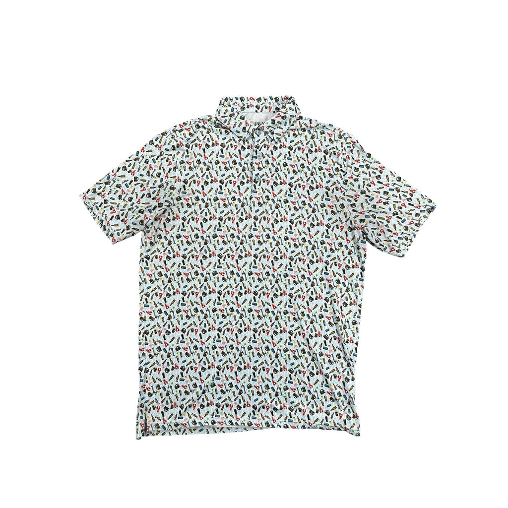1764 Beer Crab Golf Polo in White Light Blue Lobster Print — Size Medium // Preowned