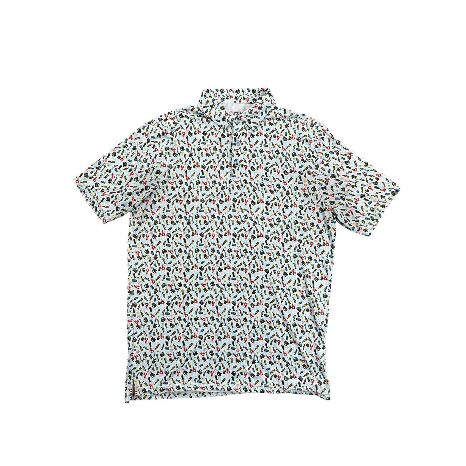 1764 Beer Crab Golf Polo in White Light Blue Lobster Print — Size Medium // Preowned