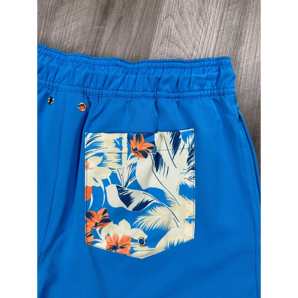 Robert Graham Tropical Hawaiian Pocket Swim Trunks in Azure — Size Small