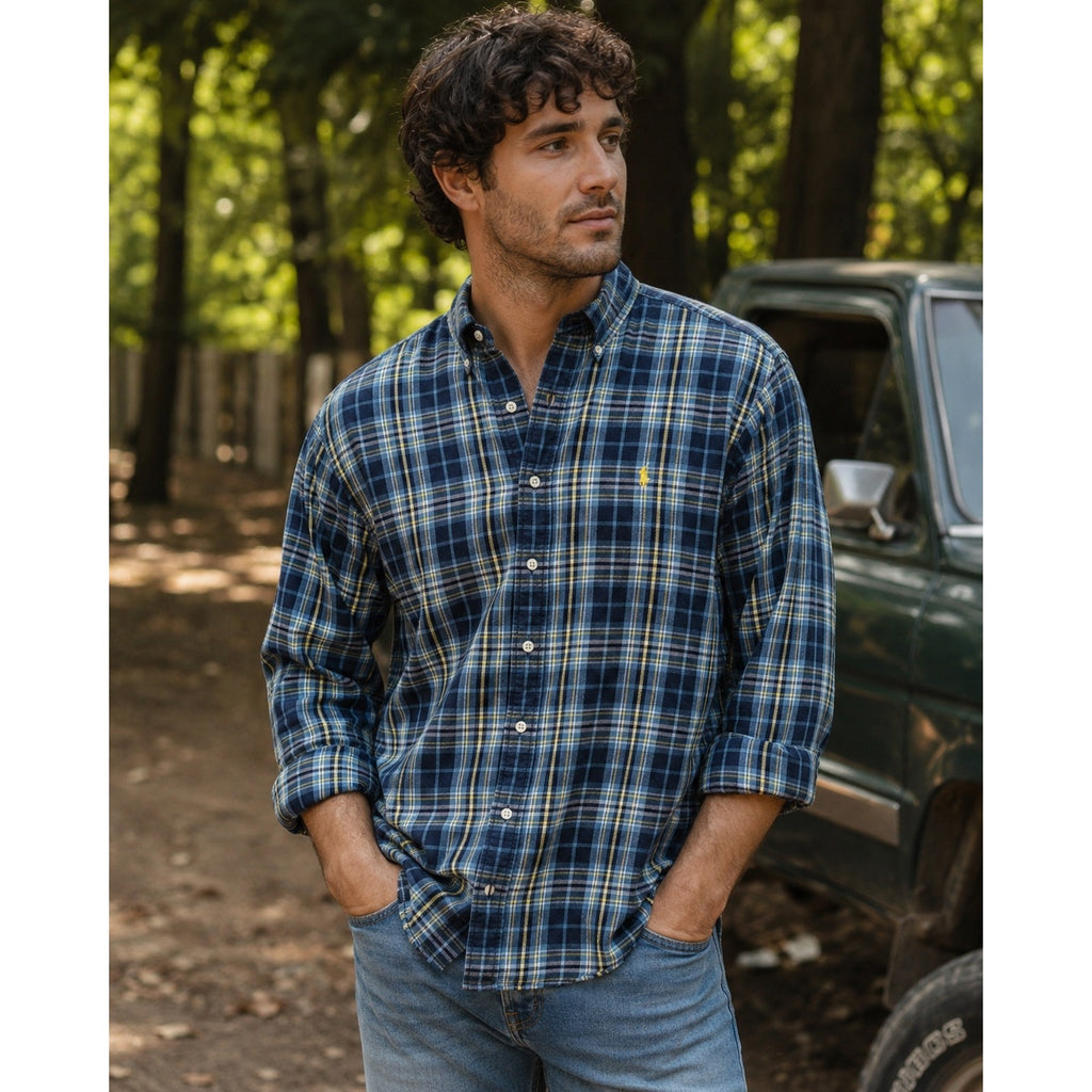 Ralph Lauren Vintage Classic Fit Flannel Plaid Long Sleeve Button Down in Navy Blue Yellow and White — Size Large // Preowned