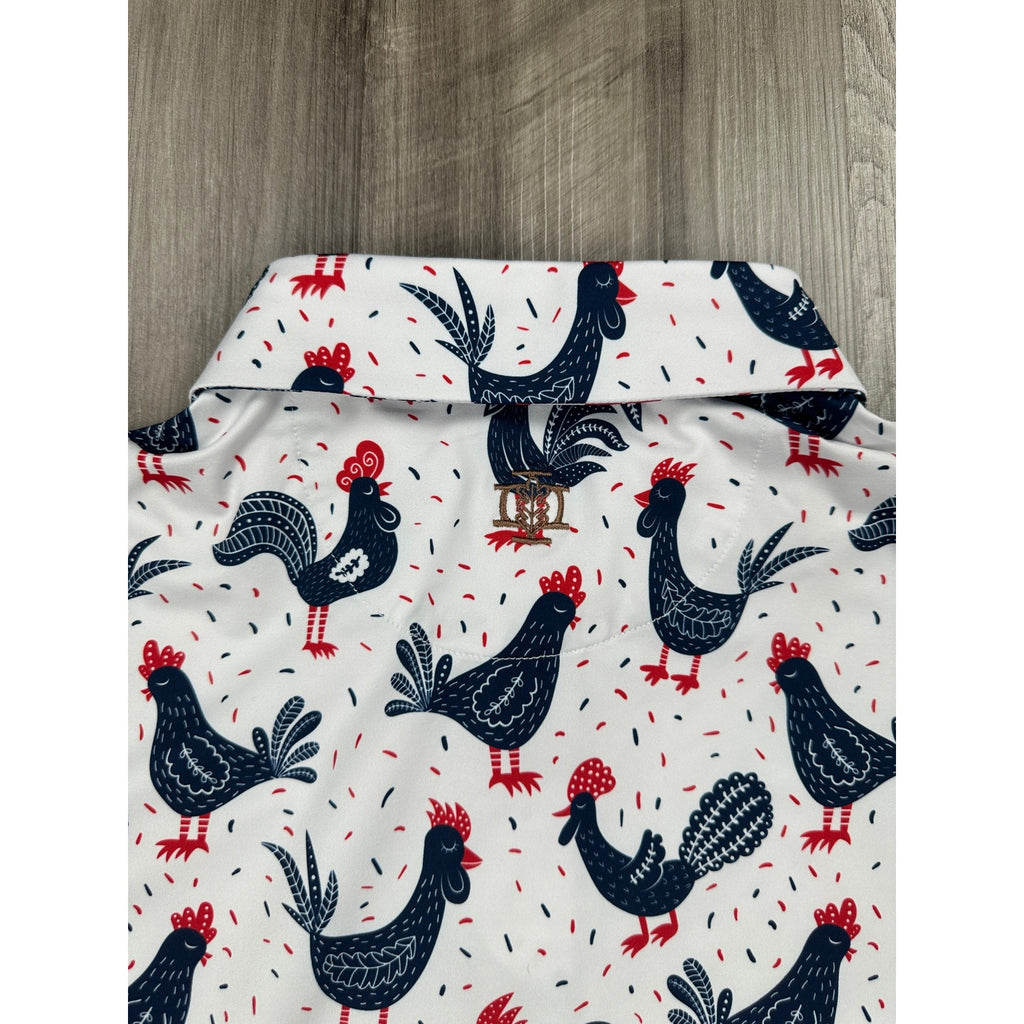 Iron Oak Cock-a-doo Western Performance Golf Pearl Snap Polo in White, Red and Navy — Size Medium // Preowned