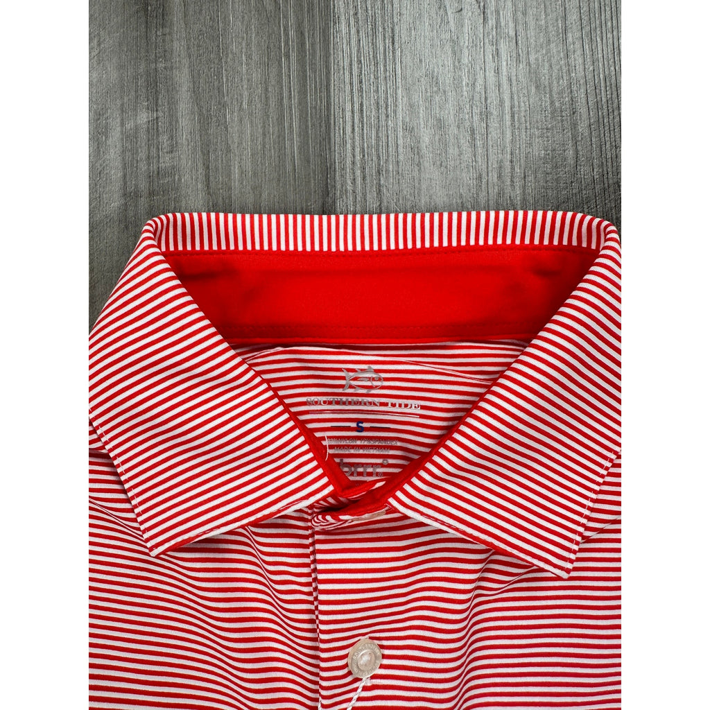 Southern Tide Brrr Meadowbrooke Striped Golf Polo in Poppy Red and White — Size Small