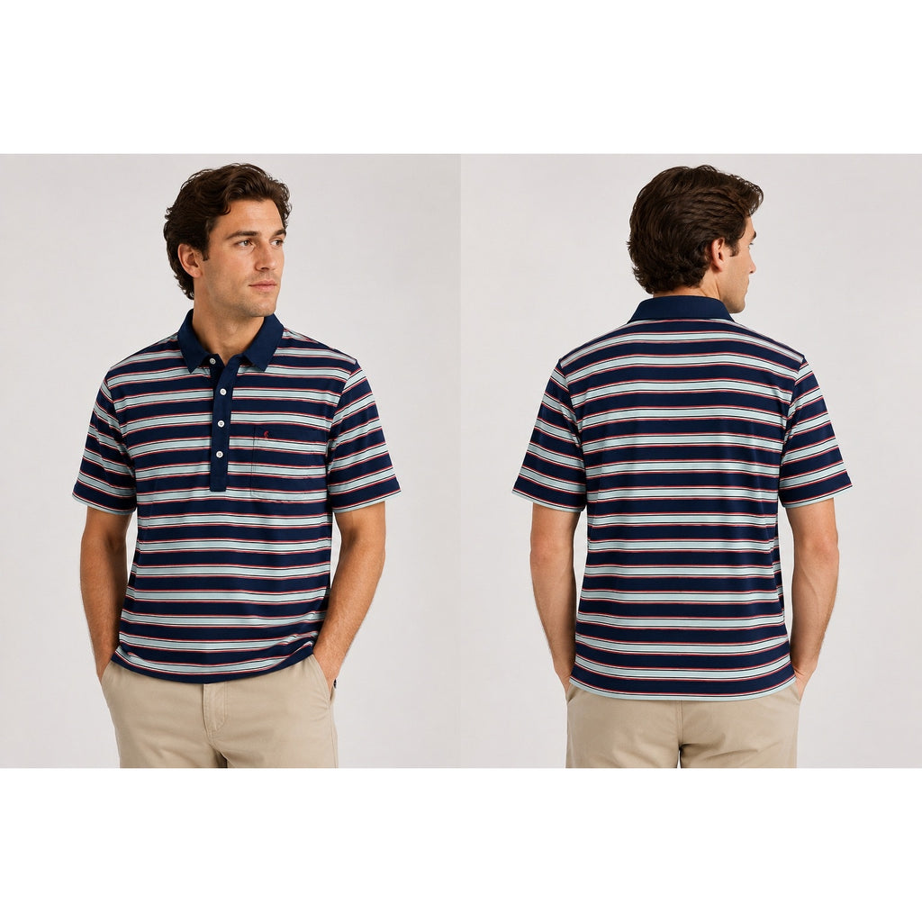 Criquet Striped Players Pocket Polo in Navy, Red, Seafoam Green — Size Medium // Preowned