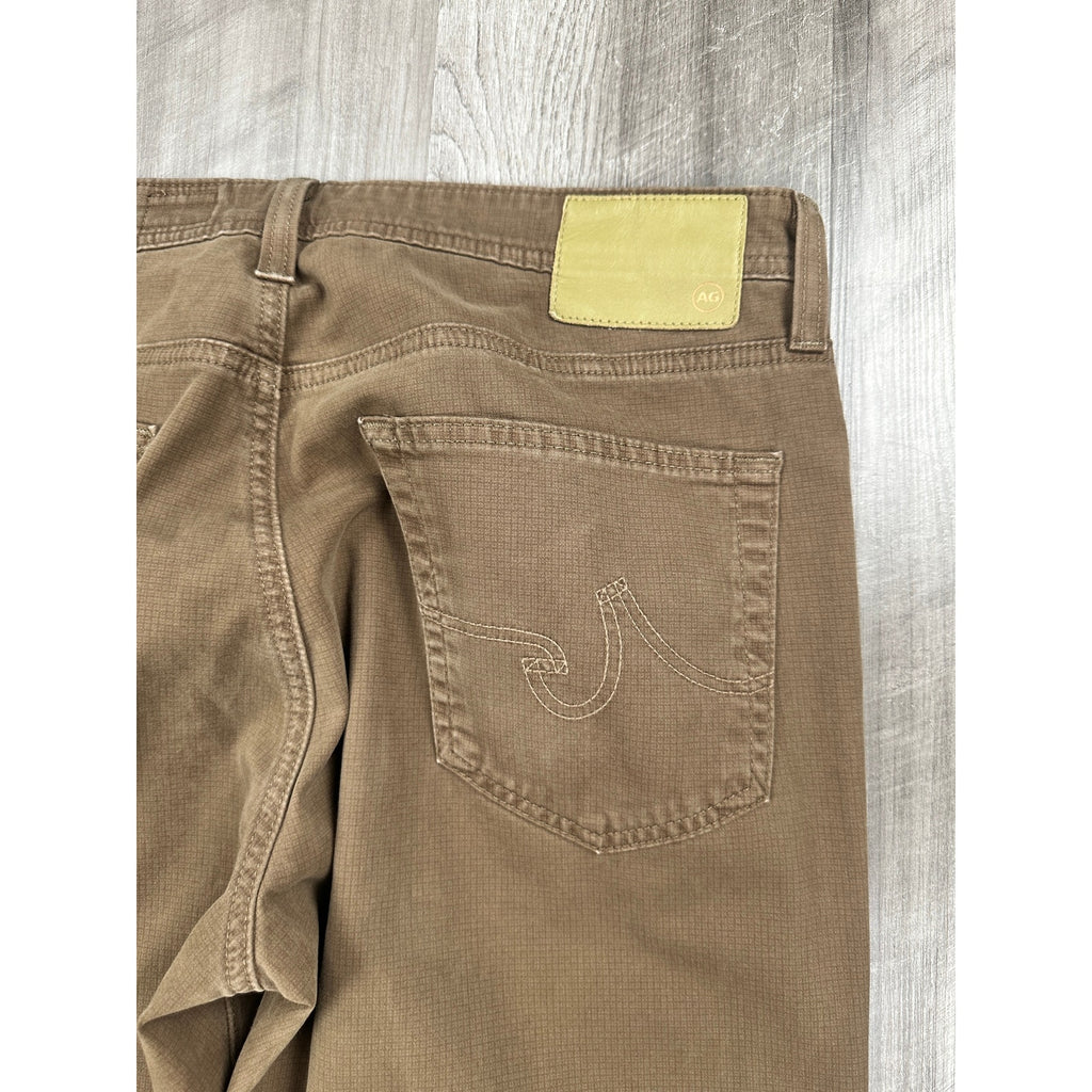 AG Adriano Goldschmied Everett Slim Straight Sueded Stretch Sateen Chino Jean in Brown Micro Check — Size 33x32 // Preowned