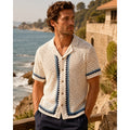 Marine Layer Archive Ace Crochet Resort Short Sleeve Shirt in Natural Border — Size Large