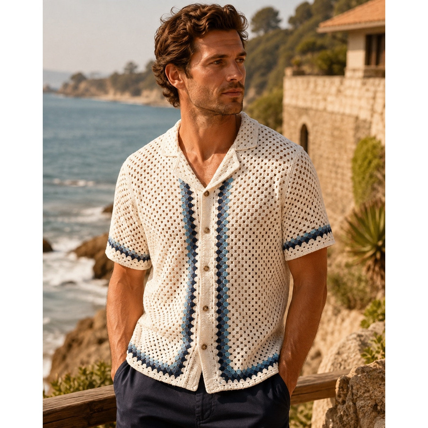 Marine Layer Archive Ace Crochet Resort Short Sleeve Shirt in Natural Border — Size Large