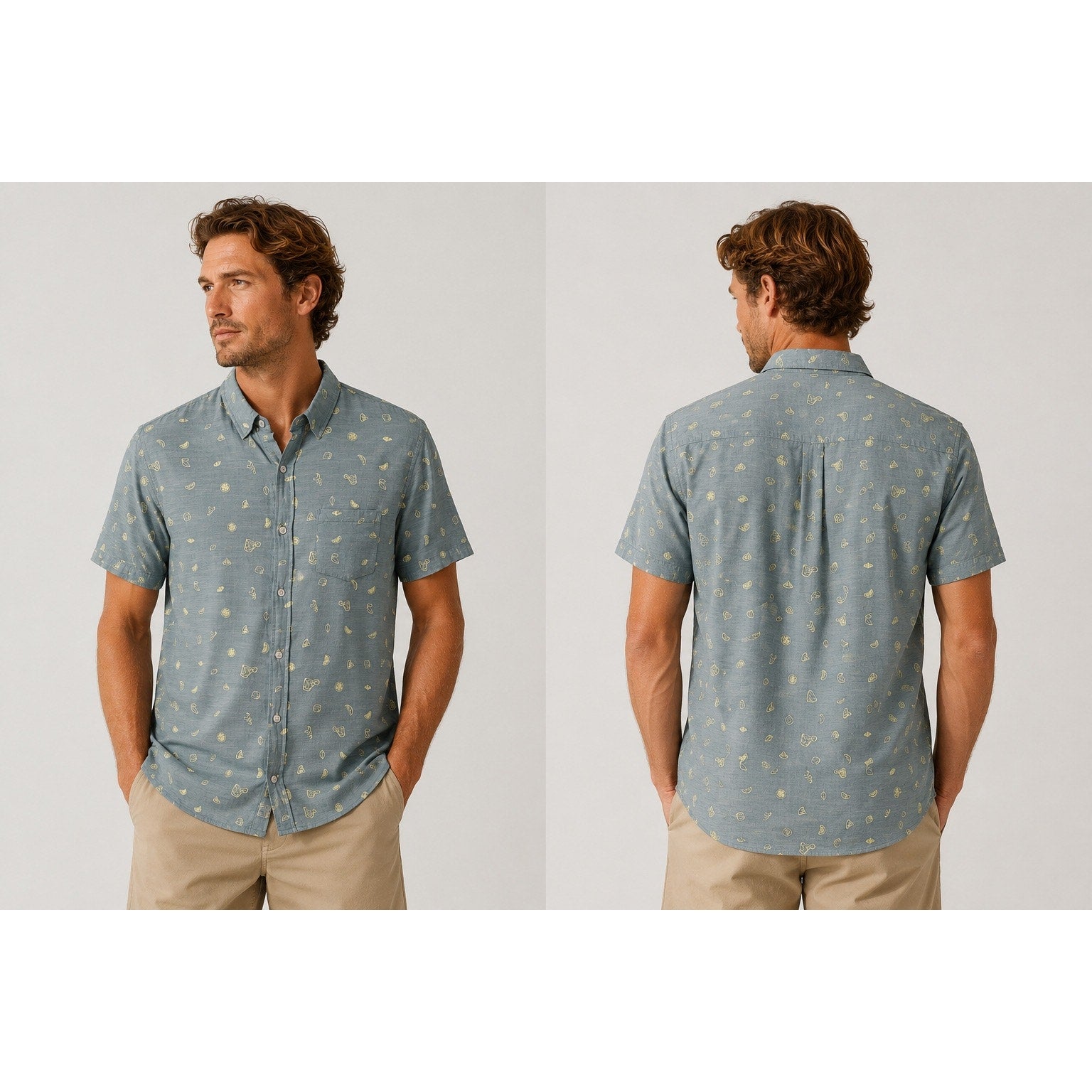 Marine Layer Poole Short Sleeve Button Down in Sage Gray and Yellow — Size Large // Preowned