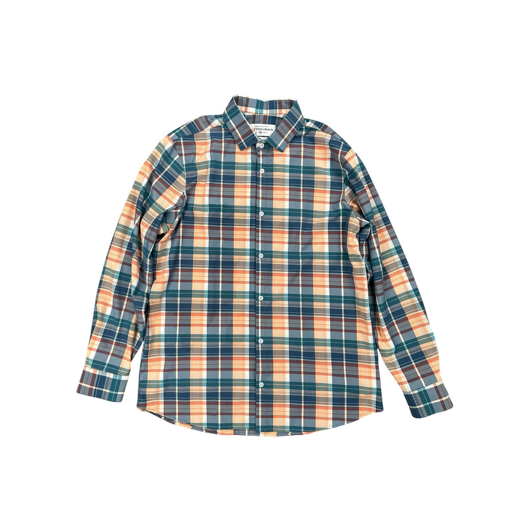 Mizzen+Main Leeward Collection Trim Fit Plaid Long Sleeve Button Down in Peach, Slate Blue, Teal, Green and White — Size 2XL // Preowned