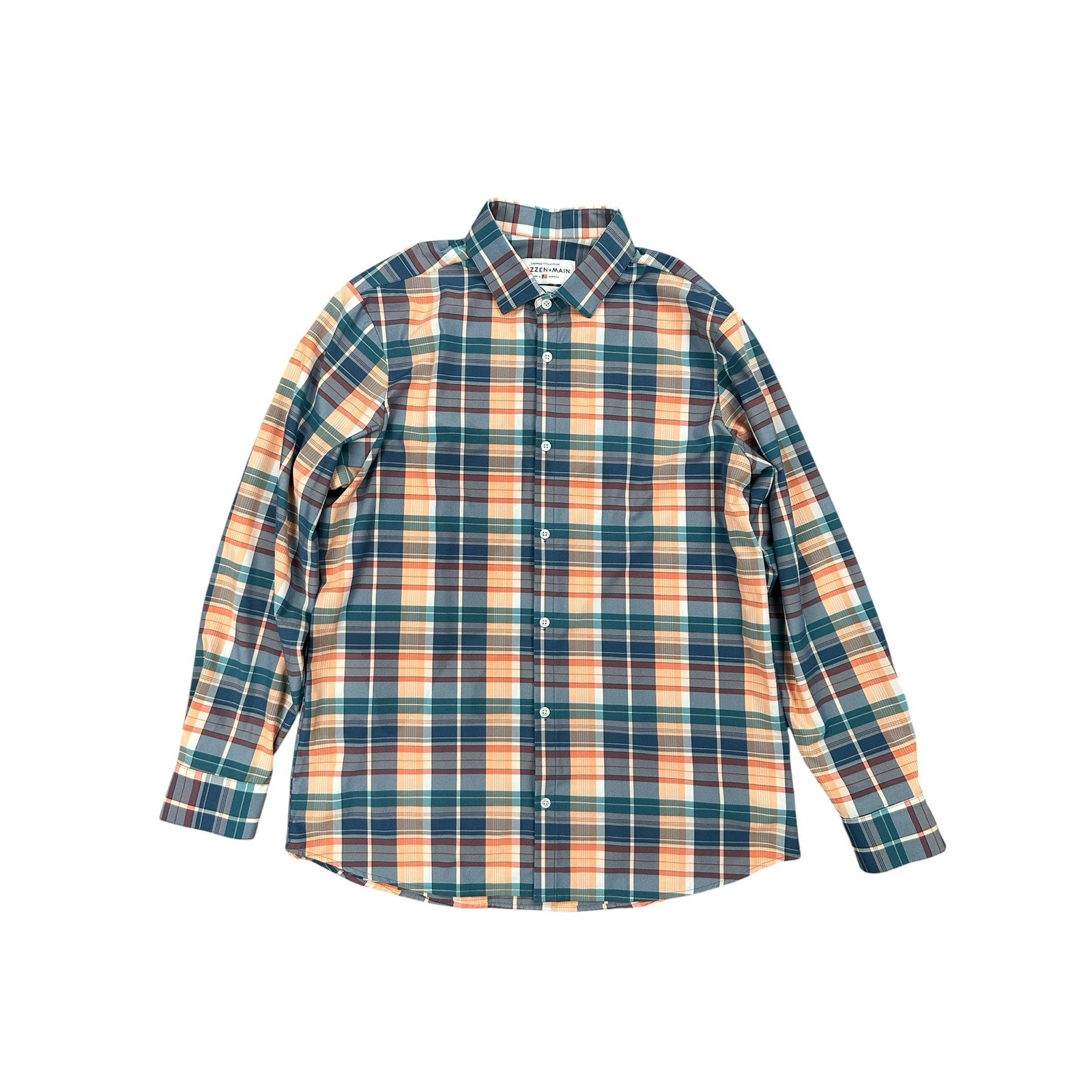 Mizzen+Main Leeward Collection Trim Fit Plaid Long Sleeve Button Down in Peach, Slate Blue, Teal, Green and White — Size 2XL // Preowned
