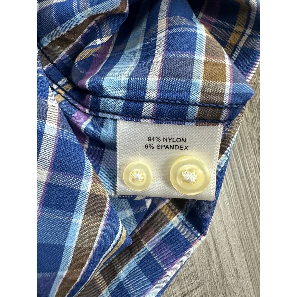 Peter Millar Summer Comfort Plaid Long Sleeve Shirt in Light Blue, Blue, Purple, Tan, White — Size Large // Preowned