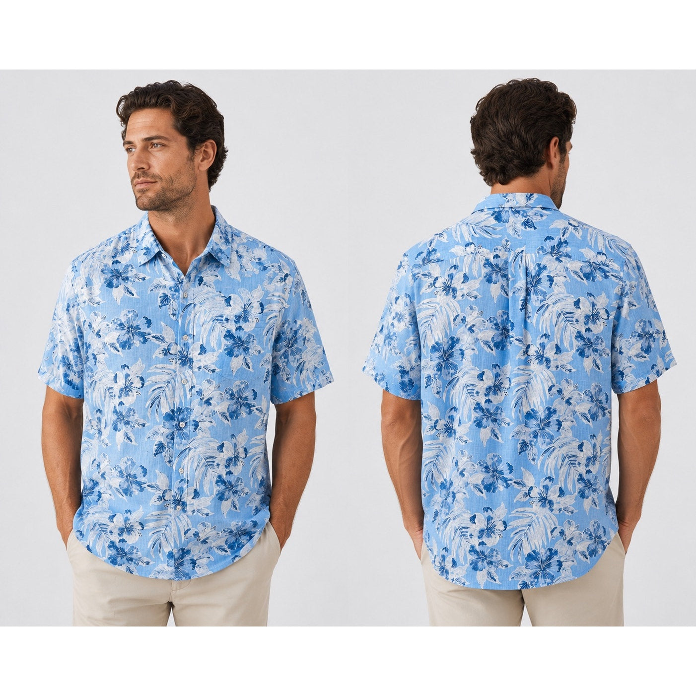 Tommy Bahama Hibiscus Floral Hawaiian Cotton Short Sleeve Camp Shirt in Light Sky Blue — Size Large