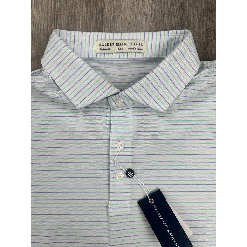 Holderness and Bourne The Gibson Shirt Tailored Fit Golf Polo in White Lavender Abaco — Size 2XL