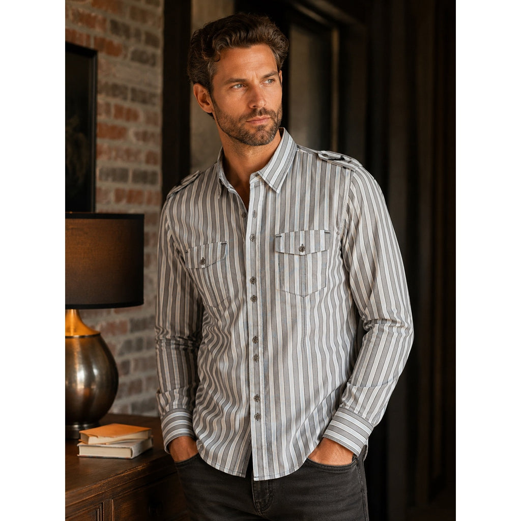 7 Diamonds Long Sleeve Stripe Button Down Shirt in Gray White Black — Size Large