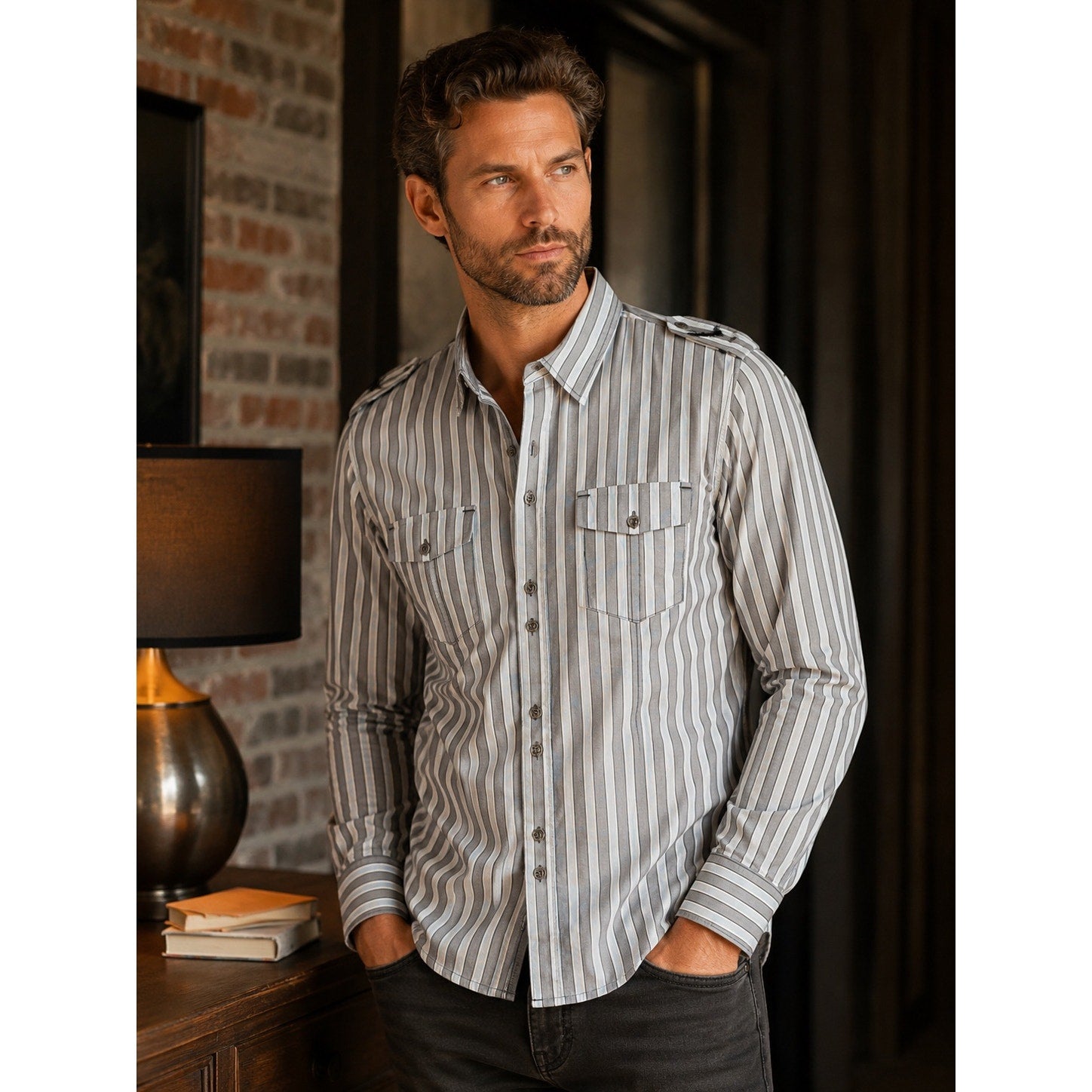 7 Diamonds Long Sleeve Stripe Button Down Shirt in Gray White Black — Size Large