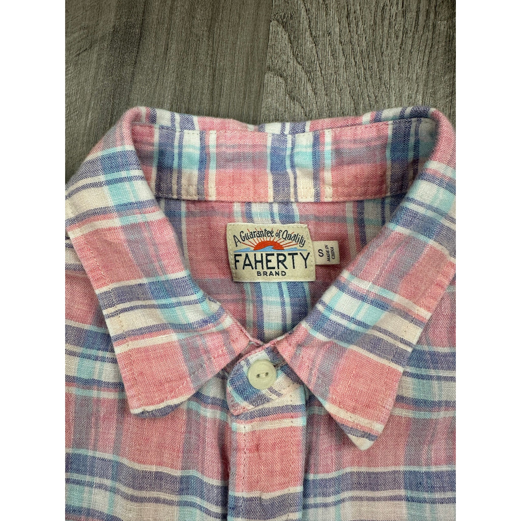 Faherty Linen Plaid Long Sleeve Button Down in Pink, Blue, Purple, White — Size Small // Preowned