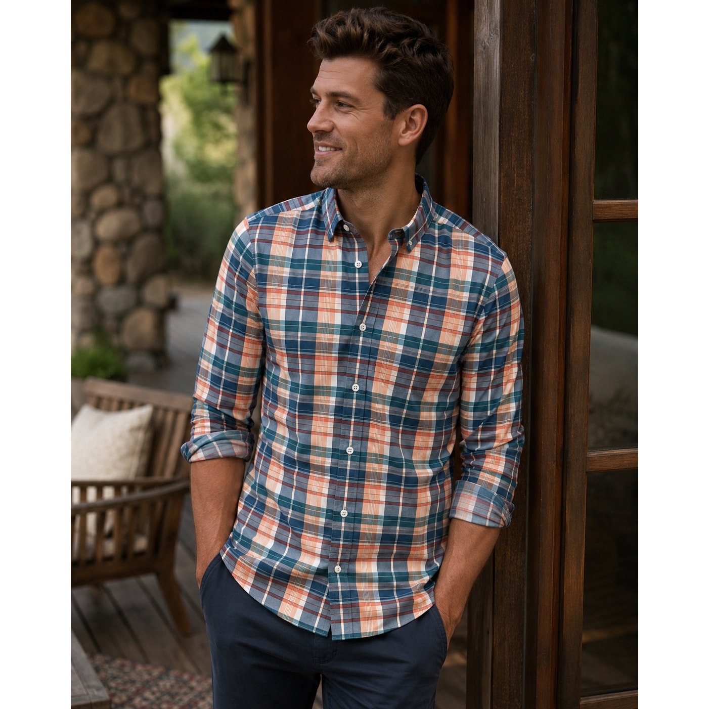 Mizzen+Main Leeward Collection Trim Fit Plaid Long Sleeve Button Down in Peach, Slate Blue, Teal, Green and White — Size 2XL // Preowned