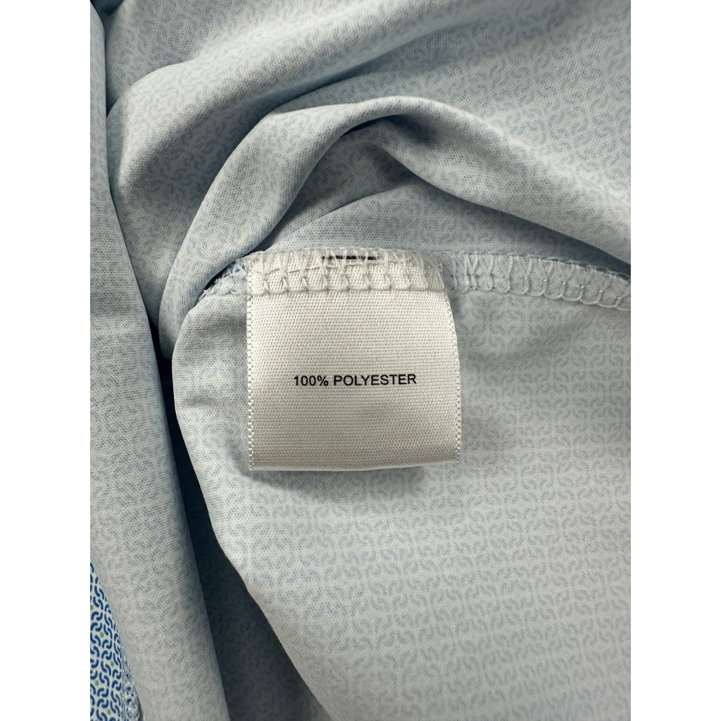 Peter Millar Featherweight UPF 50+ Golf Polo in Blue Green and White Geo Print — Size Small // Preowned