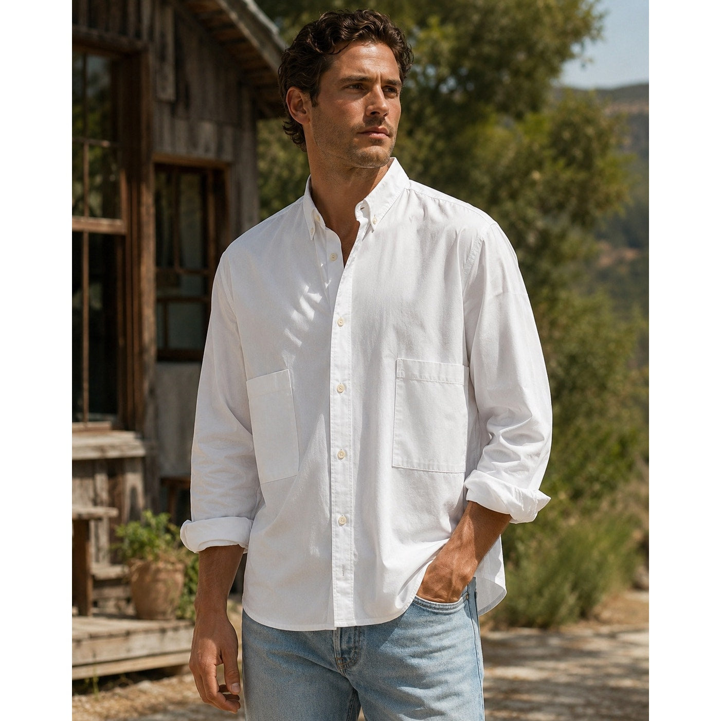 Adriano Goldschmied Oversized Utility Long Sleeve Double Pocket Shirt in White — Size 2XL