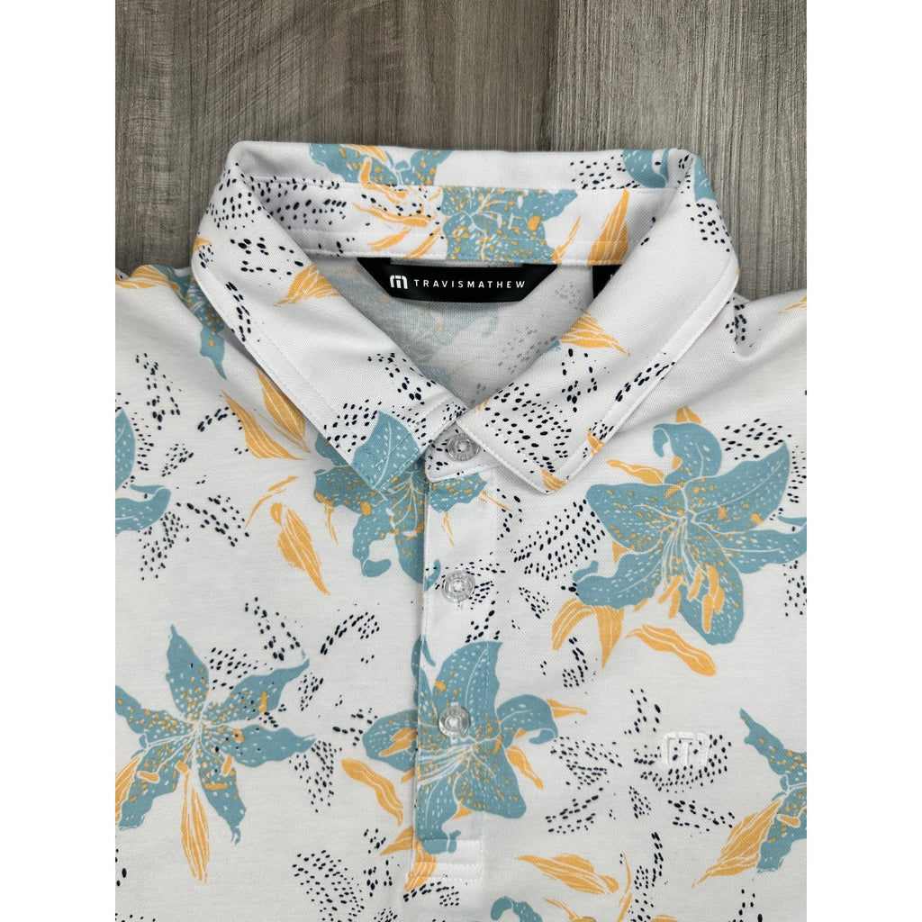 TravisMathew Paradise Peak Golf Polo in White, Gray, Yellow, Black — Size Medium // Preowned